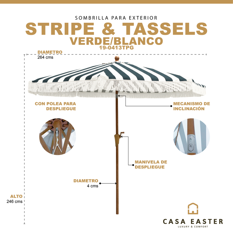 Load image into Gallery viewer, Sombrilla estilo Rayas y Borlas, STRIPE &amp; TASSELS, color Verde con blanco - 19-0413TPG
