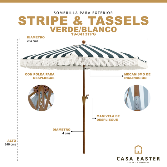 Sombrilla estilo Rayas y Borlas, STRIPE & TASSELS, color Verde con blanco - 19-0413TPG