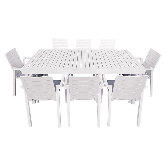 Comedor de Aluminio color Blanco Doume 2 M / 3.2 M + 8 silla Swiss blanca