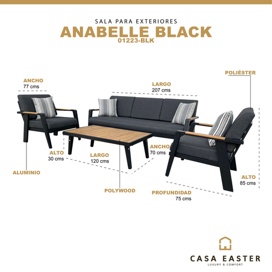 Sala para Exterior e Interior de Aluminio Color Negro ANABELLE- TRIPLE-01223-Blk CasaEaster