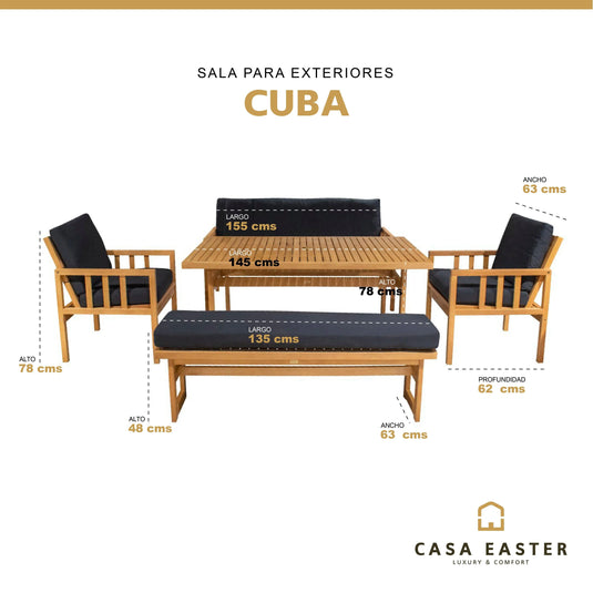 Sala para Exterior e Interior de Madera  Teca Color Negro CUBA-HUCUB