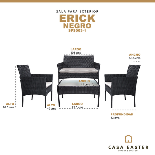 Sala  para Exterior e Interior de Rattan  Color Negro  ERICK-SFS003-1 CasaEaster