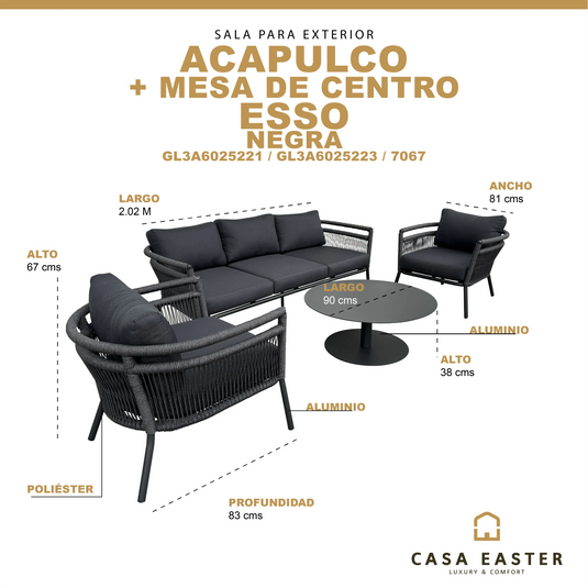 Set para exterior e interior Color Carbon Acapulco Triple + mesa ESSO CasaEaster