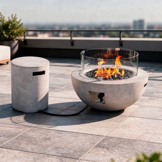 Set Fogata en medio circulo de exterior de gas LP color gris claro con tapa de gas LP y parabrisas - PDF132A-045-17A