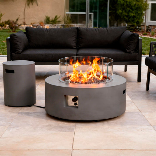 Set Fogata redonda de exterior de gas LP color gris oscuro con tapa de gas LP y parabrisas - PDF095B-045-17B
