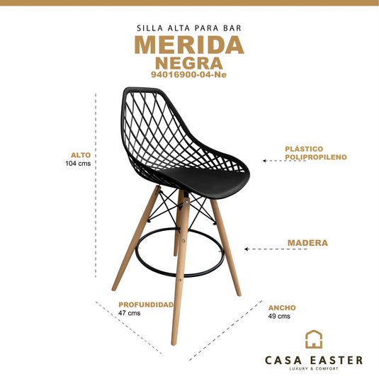 Silla Alta de Barra para Interior  Color Negro MERIDA-94016900-04-NE CasaEaster