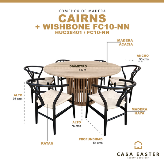 Comedor redondo 1.5 M de Madera, Cairns + 6 sillas Wishbone FC10-NN