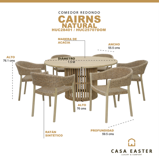 Comedor redondo Cairns + 6 sillas Cairns color natural