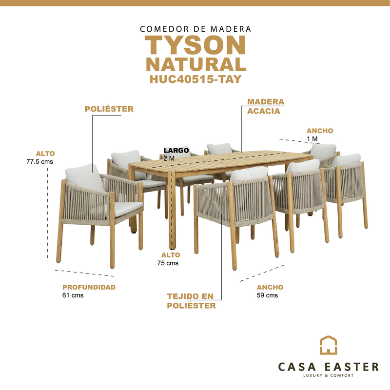 Cargue la imagen en el visor de la galería, Comedor de madera Tyson 2.2 M + 8 sillas Tyson - HUC38508-8S
