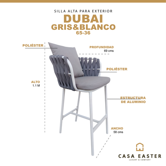 Silla Alta de Lazo para   Exterior e Interior Color Blanco/ Color Gris DUBAI- 65-36