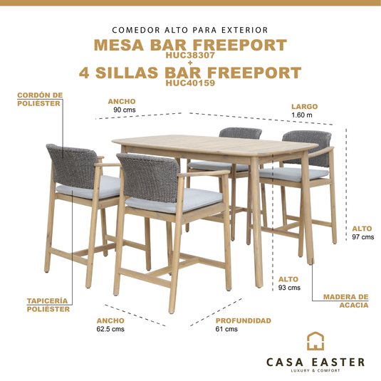 Comedor de barra Freeport 1.6 M color Gris + 4 sillas freeport de bar