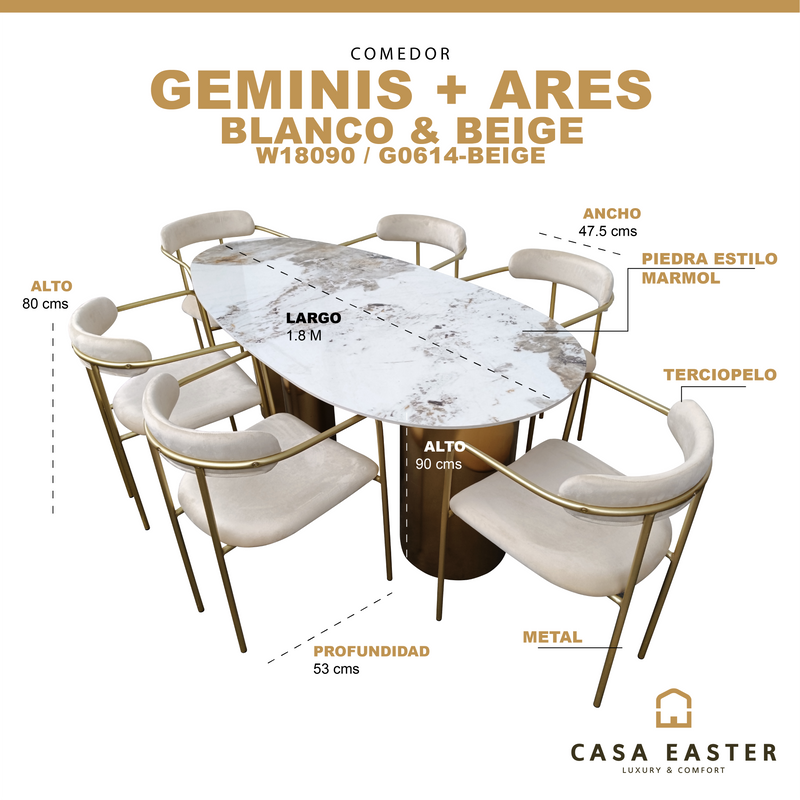 Cargue la imagen en el visor de la galería, Comedor Geminis 1.8 M + 6 sillas Ares color Beige
