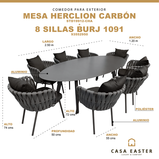 Comedor Ovalado Herclion carbon + 8 sillas Burj 1091