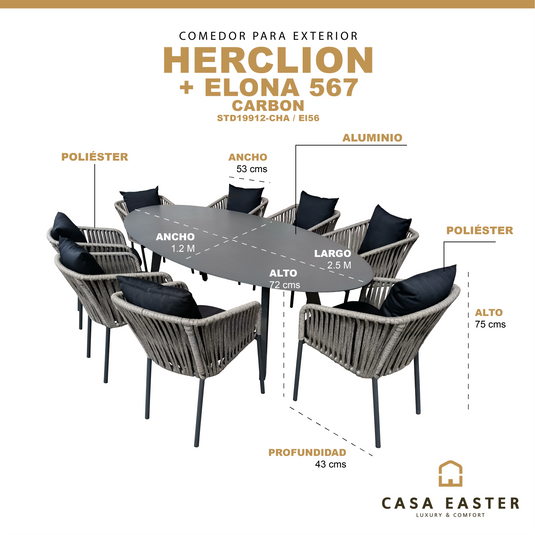 Comedor Ovalado Herclion carbon + 8 sillas Elona 567