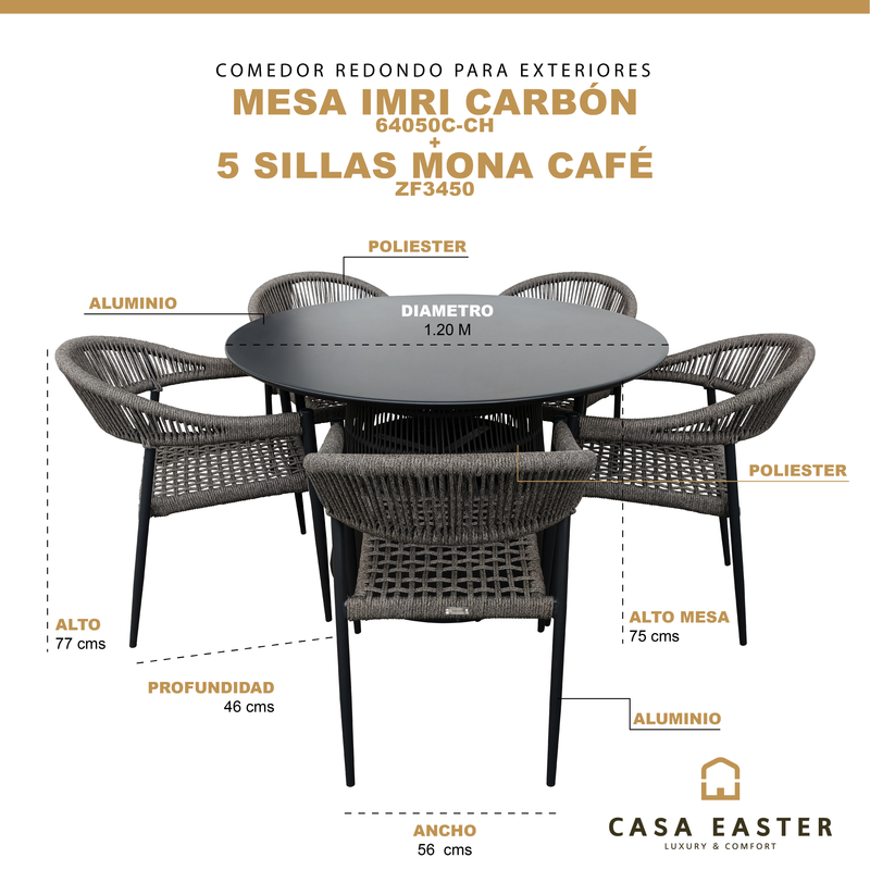 Cargue la imagen en el visor de la galería, Comedor Imri 1.2 M Carbon + 5 sillas Mona ZF3450 café
