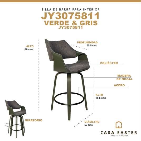 Silla alta para barra JY3075-811-GR para interior color verde & gris - JY3075-811-GR