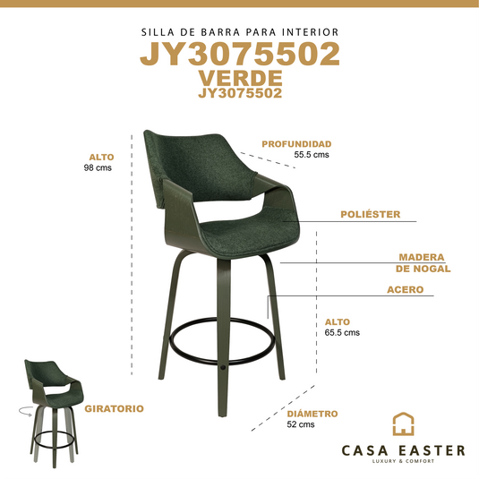 Silla alta para barra JY3075-502-VE para interior color verde - JY3075-502-VE