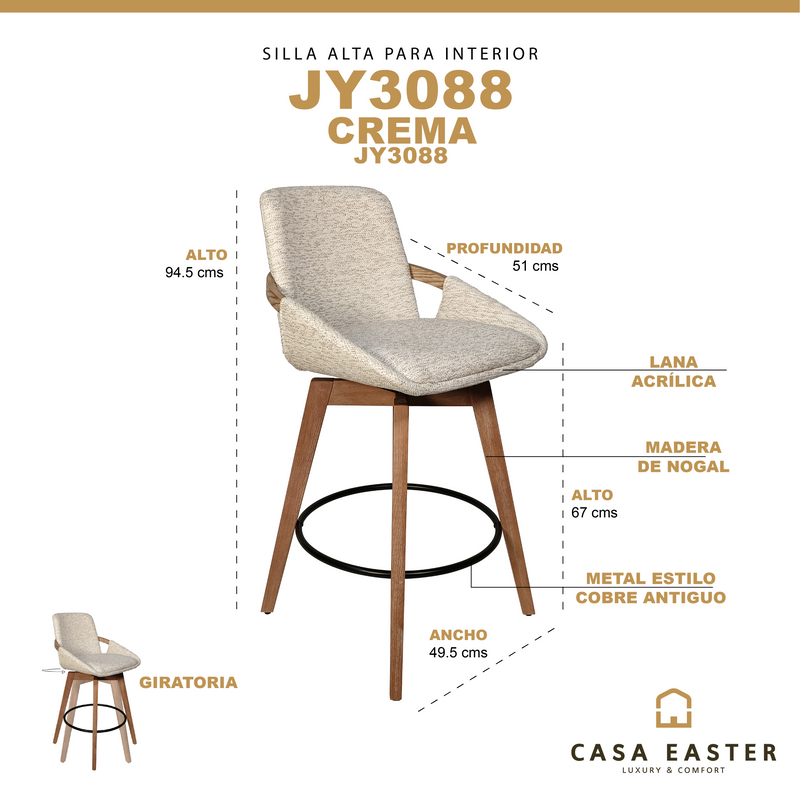 Cargue la imagen en el visor de la galería, Silla alta para Barra L01-3 color Crema - JY3088
