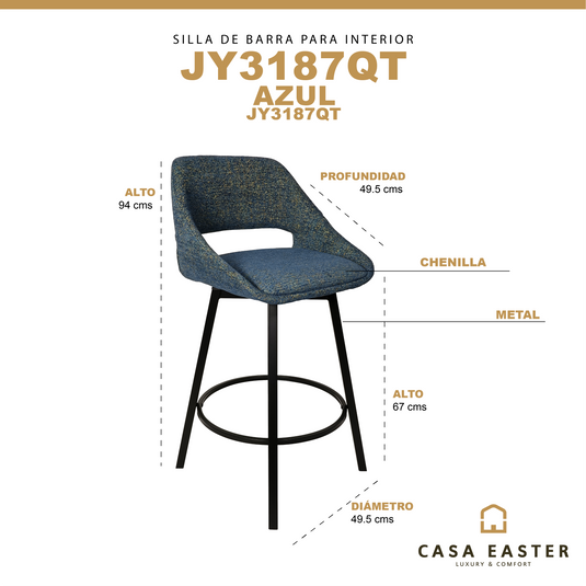 Silla alta de barra JY3187QT para Interior color Azul - JY3187QT