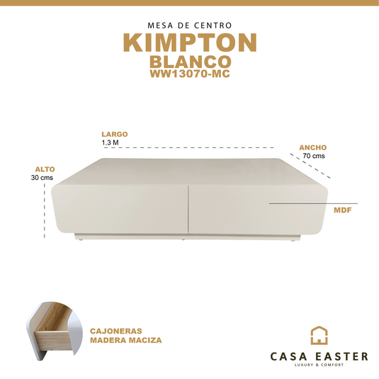 Mesa de Centro Kimpton 1.3 M color blanca con cajones - WW13070-MC