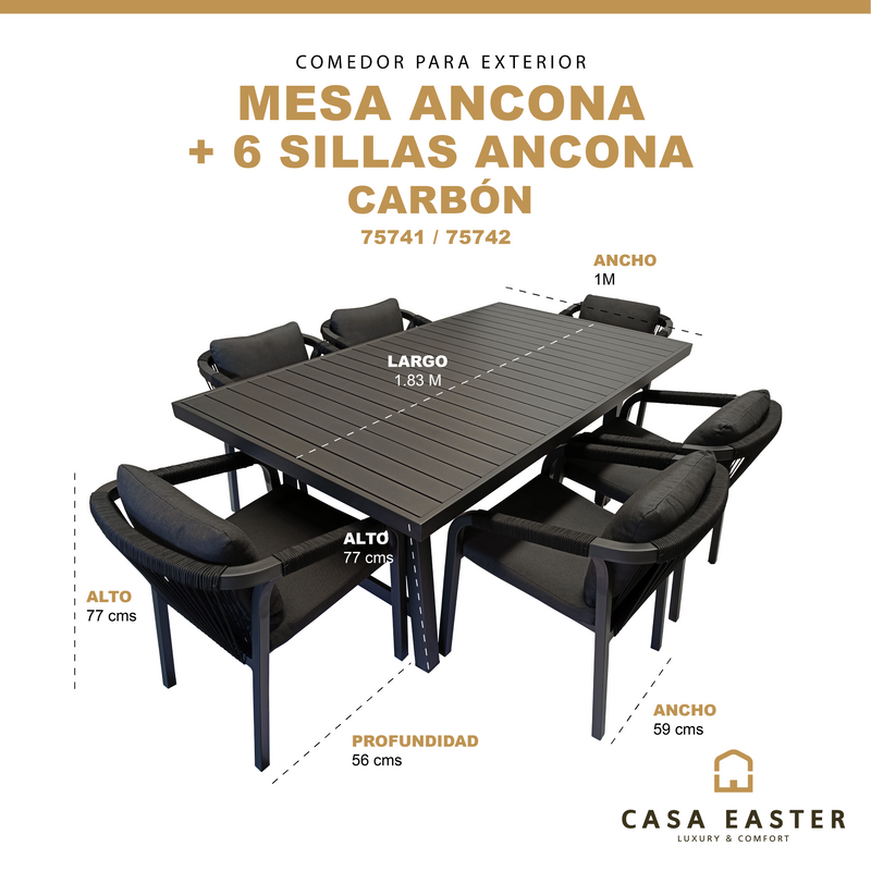 Cargue la imagen en el visor de la galería, Comedor Ancona 1.93 M + 6 sillas Ancona Carbon
