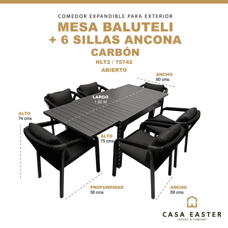 Cargue la imagen en el visor de la galería, Comedor Expandible Baluteli 1.8 M + 6 sillas Ancona color Carbon
