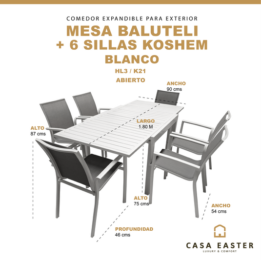 Comedor Expandible Baluteli + 6 sillas Koshem blanco