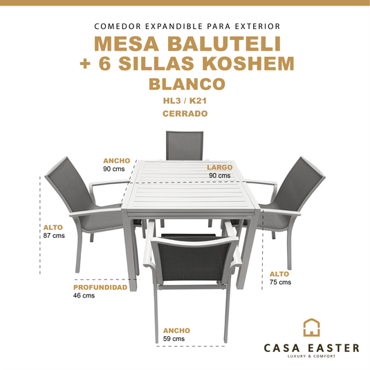 Comedor Expandible Baluteli + 6 sillas Koshem blanco