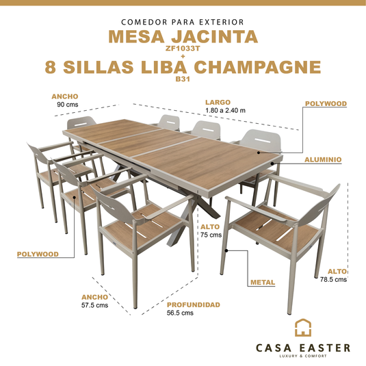 Comedor Jacinta expandible + 8 sillas Liba color Champagne