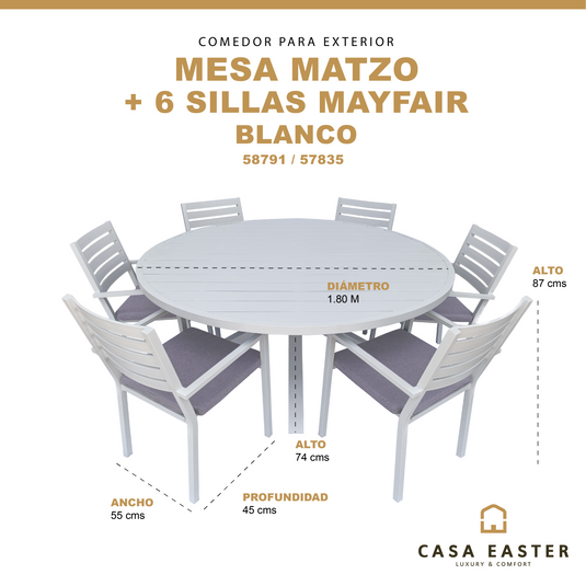 Comedor Redondo Matzo 1.8 M  + 6 sillas Mayfair color Blanco