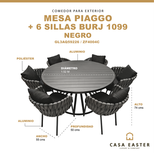 Comedor Redondo 1.52 M  Piaggo + 6 sillas Burj 1099 color Negro