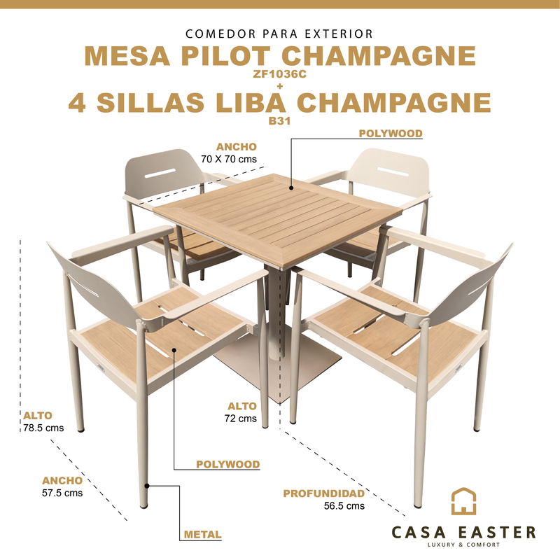 Cargue la imagen en el visor de la galería, Comedor Pilot + 4 sillas Liba color champagne
