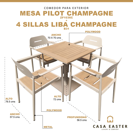 Comedor Pilot + 4 sillas Liba color champagne