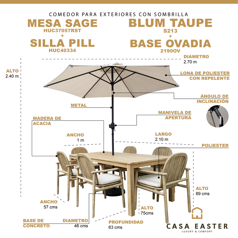 Cargue la imagen en el visor de la galería, Comedor para exterior Sage con Sombrilla Blum taupe + base ovadia + 6 sillas Pill
