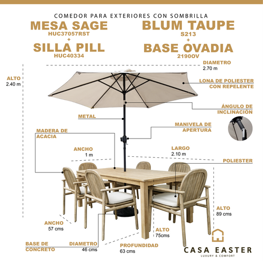 Comedor para exterior Sage con Sombrilla Blum taupe + base ovadia + 6 sillas Pill