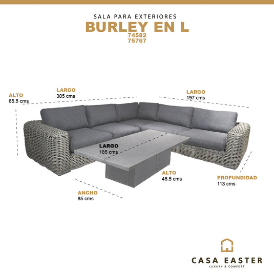 Sala Con Mesa Rectangular 1.85 M para Exterior e Interior de Rattan  Color Carbon BURLEY-SRMBCMC