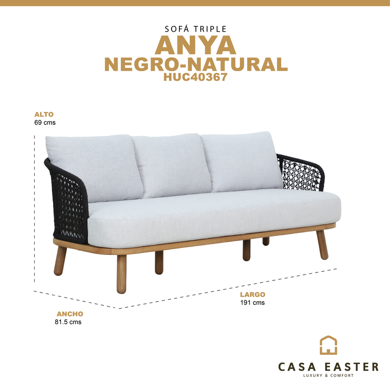 Cargue la imagen en el visor de la galería, Sofà Triple Anya de madera color natural &amp; negro - HUC40367
