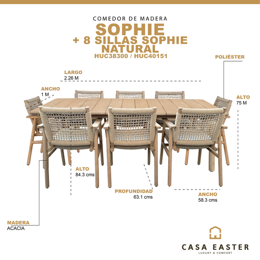 Comedor de Madera 2.26 SOPHIE + 8 Sillas SOPHIE