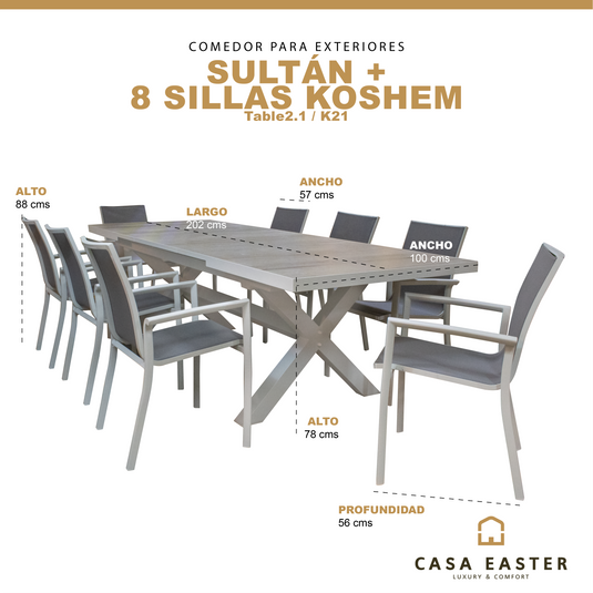 Comedor Expandible 2 M / 2.6 M para Exterior o Jardin de Lujo  Sultan + 8 Koshem Blanco