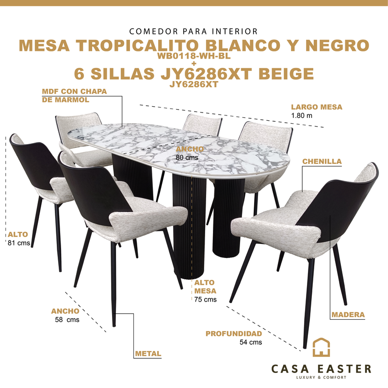 Cargue la imagen en el visor de la galería, Comedor Tropicalito 1.8 M  blanco&amp;negro + 6 sillas JY6286XT beige
