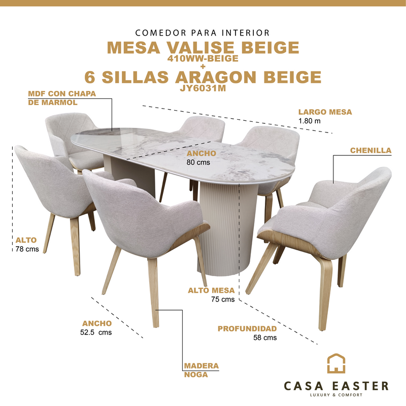 Cargue la imagen en el visor de la galería, Comedor Valise 1.8 M color Beige + 6 sillas Aragon color Beige
