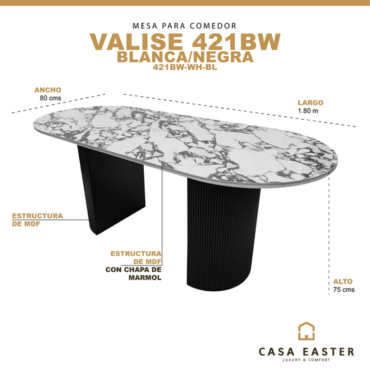 Mesa de Comedor  1.8 M color Blanco / Negro Marmoleada Valise -  421BW-WH-BL