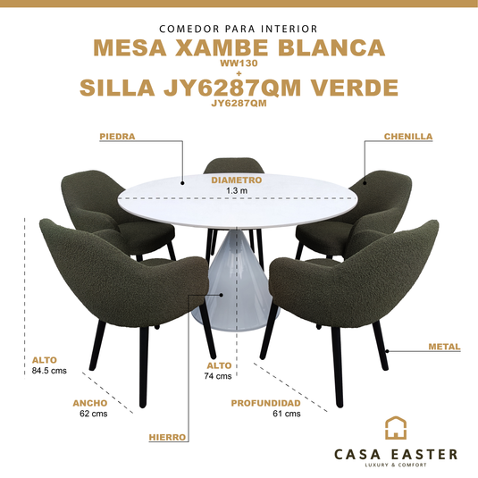 Comedor redondo color blanco Xambe 1.3 M + 5 sillas JY6287QM color verde