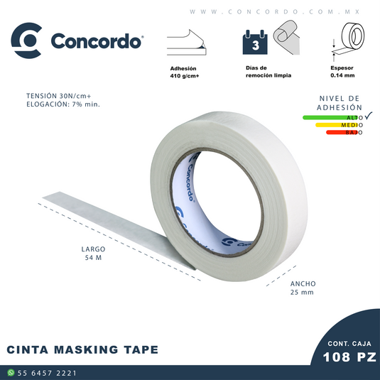 Caja de Cinta Masking Tape 54m x 25 mm Color Blanco