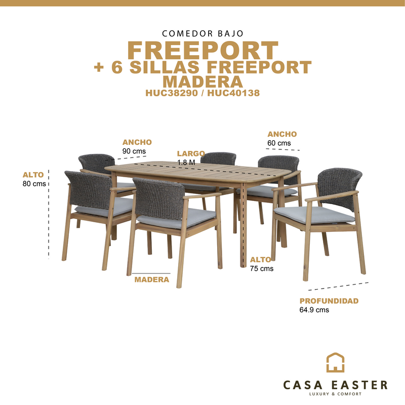 Cargue la imagen en el visor de la galería, Comedor de madera 1.8x90 con 6 sillas FREEPORT
