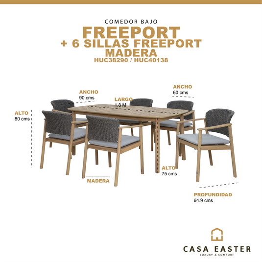 Comedor de madera 1.8x90 con 6 sillas FREEPORT