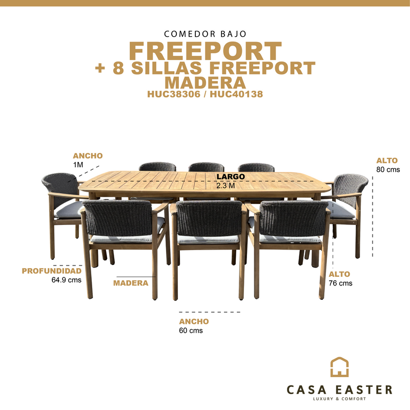 Cargue la imagen en el visor de la galería, Comedor de madera 2.3m*1.00m con 8 sillas FREEPORT
