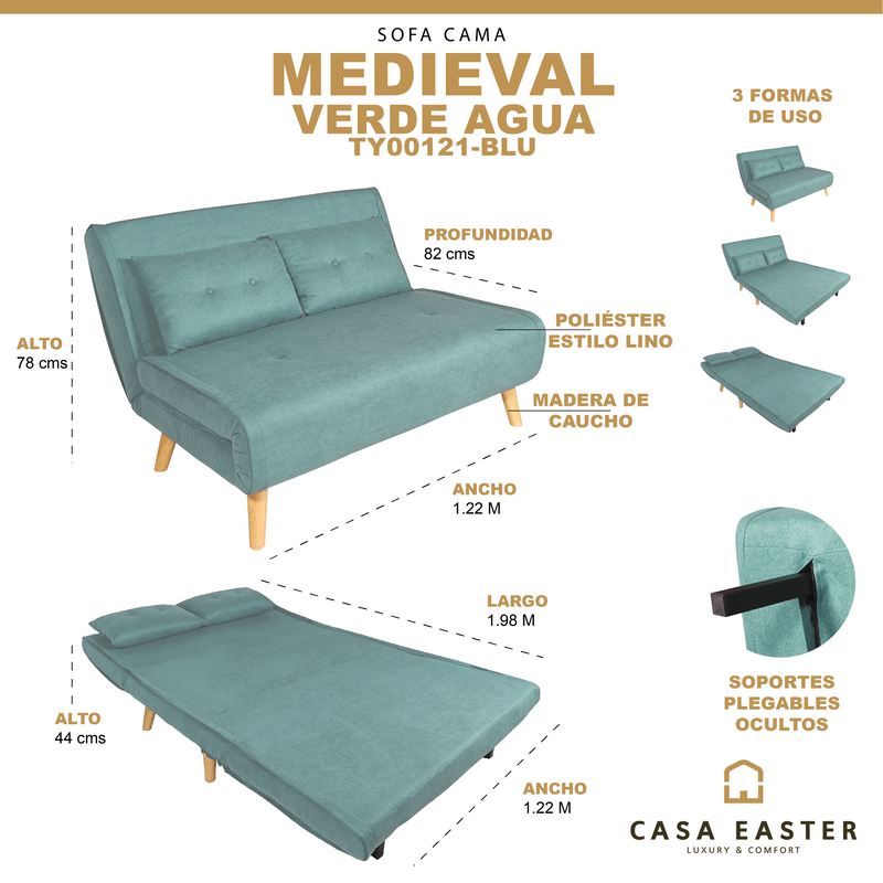 Cargue la imagen en el visor de la galería, Sofá-Cama Medieval color Verde agua - TY00121-BLU
