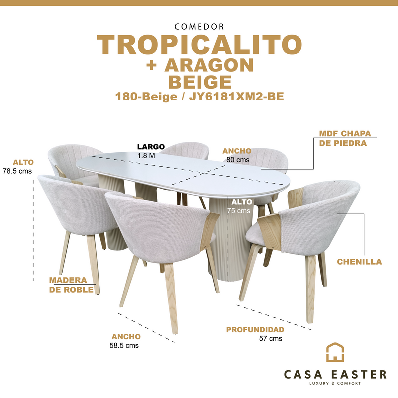 Cargue la imagen en el visor de la galería, Comedor Tropicalito color beige 1.8 M  + 6 sillas Aragon JY6181XM2-BE
