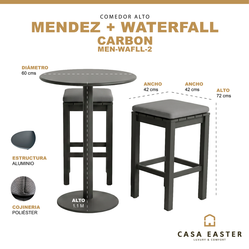 Cargue la imagen en el visor de la galería, Comedor alto Diam Ø60 cm Méndez + 2 bancos Waterfall - MEN-WAFLL-2
